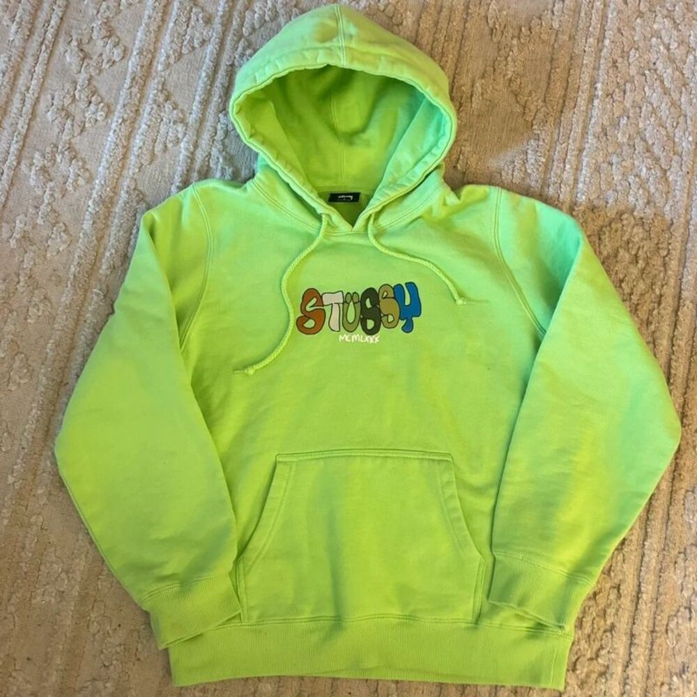 Stussy Bubble Graffiti Logo Lime Green Hoodie Small